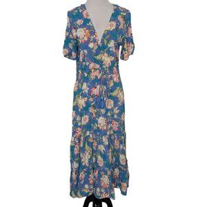 Sunday Mi Amor Floral Midi Dress Womens Size Medium Blue V Neck Peasant Tiered